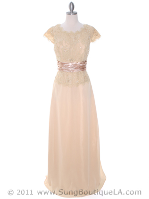 8050 Gold Lace Top Evening Dress, Gold
