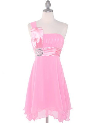 8064 Pink One Shoulder Vertical Pleated Bridesmaid Dress, Pink
