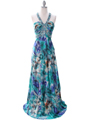 8080  Teal Print Halter Prom Evening Dress - Front Image