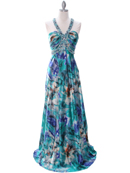 Teal Print Halter Prom Evening Dress