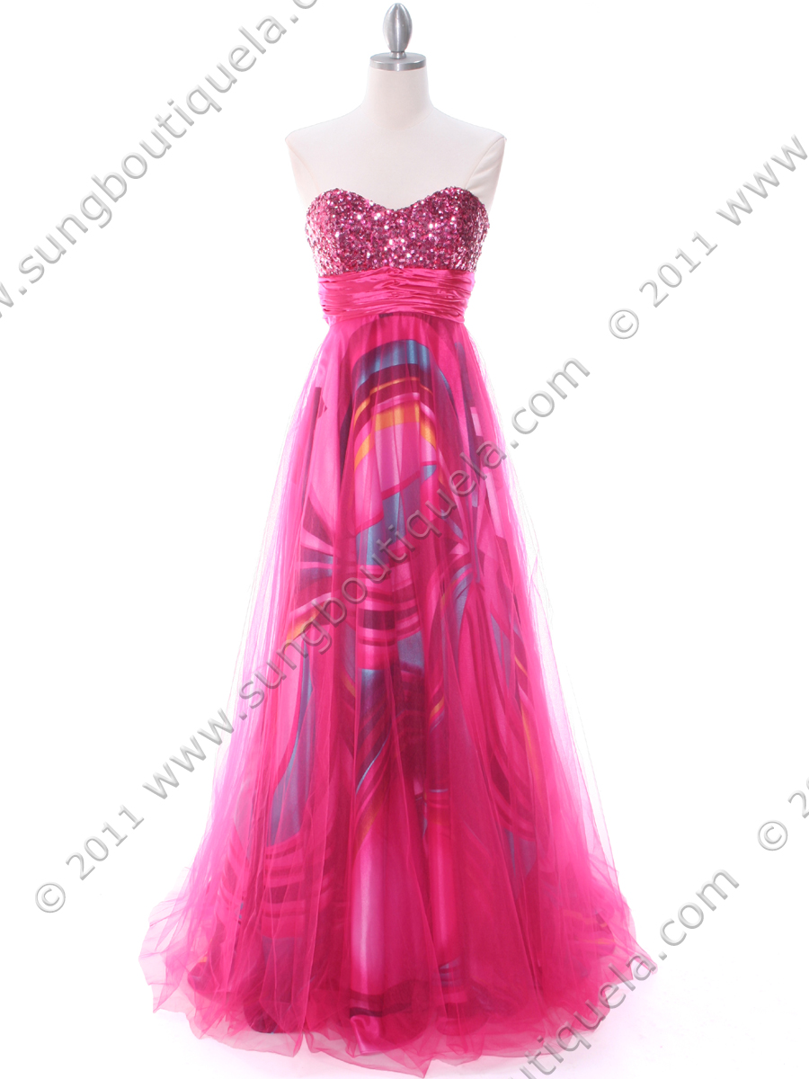 8088 Hot Pink Print Mesh Sequins Top Prom Evening Dress - Front Image