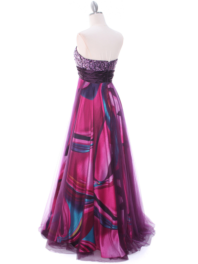 8088 Purple Print Mesh Sequins Top Prom Evening Dress - Purple, Back View Medium