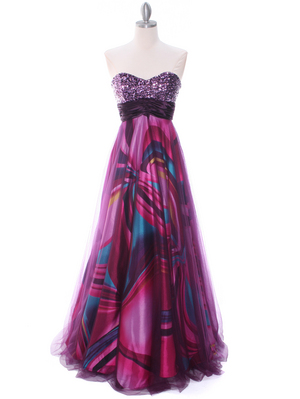 8088 Purple Print Mesh Sequins Top Prom Evening Dress, Purple