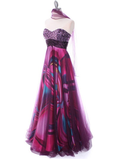 8088 Purple Print Mesh Sequins Top Prom Evening Dress - Purple, Alt View Medium