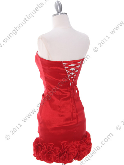 8118 Red Taffeta Cocktail Dress with Rosette Hem - Red, Back View Medium