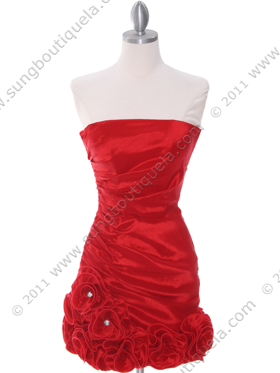 8118 Red Taffeta Cocktail Dress with Rosette Hem - Front Image