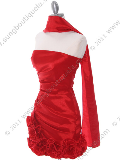 8118 Red Taffeta Cocktail Dress with Rosette Hem - Red, Alt View Medium