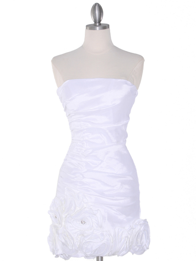 8118 Teffeta Cocktail Dress with Rosette Hem - White, Front View Medium