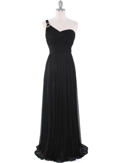 8155 One Shoulder Asymmetrical Evening Dress with Dazzling Pin - Black, Front View Medium