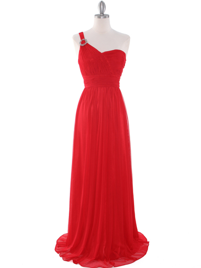 8155 One Shoulder Asymmetrical Evening Dress with Dazzling Pin - Red, Front View Medium
