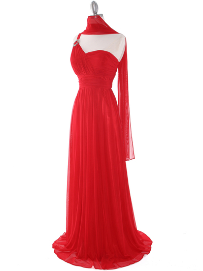 8155 One Shoulder Asymmetrical Evening Dress with Dazzling Pin - Red, Alt View Medium