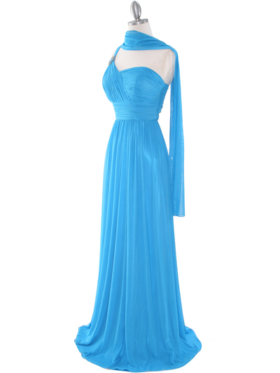 8155 One Shoulder Asymmetrical Evening Dress with Dazzling Pin - Turquoise, Alt View Medium
