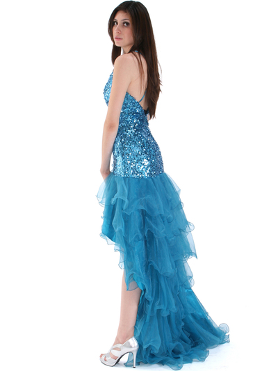 8163 High Low Sequin Prom Dress - Teal, Back View Medium
