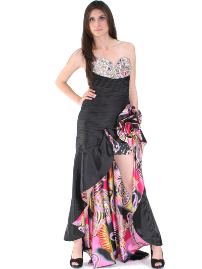 8258 Black Jeweled High Low Evening Dress - Print, Front View Medium