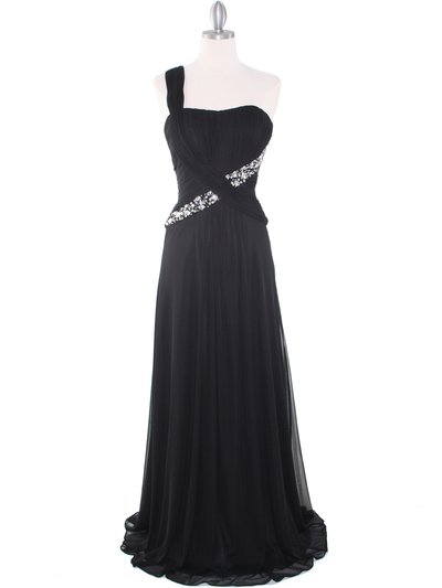 8312 Black One Shoulder Pleated Evening Dress - Black, Front View Medium
