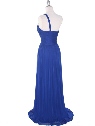 8323 Single Shoulder Pleated Mesh Evening Dress - Royal Blue, Back View Medium
