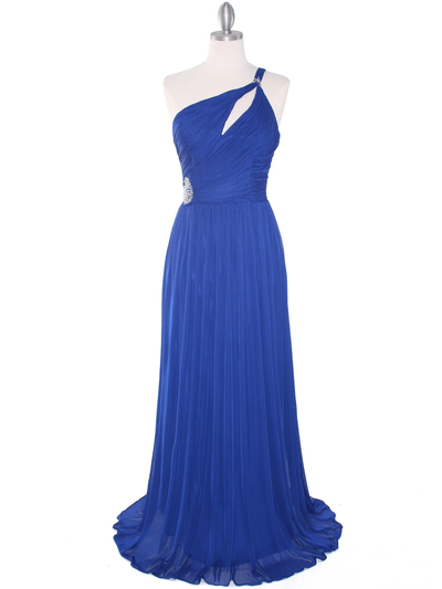 8323 Single Shoulder Pleated Mesh Evening Dress - Royal Blue, Front View Medium