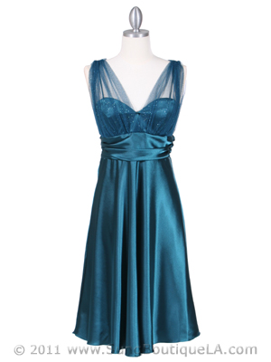8474 Teal Glitter Tea Length Dress, Teal