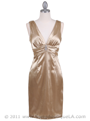 8476 Gold Cocktail Dress with Rhinestone Pin, Gold