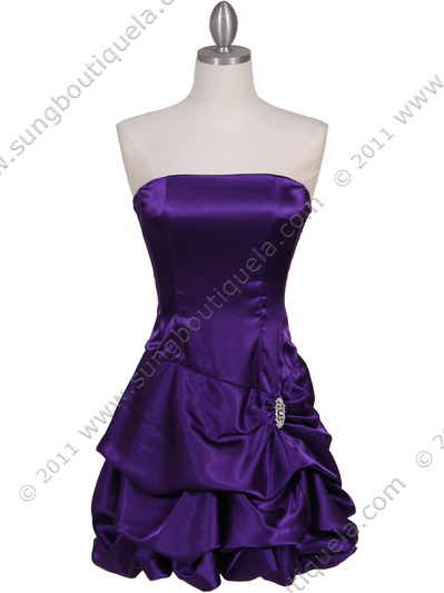 8484 Purple Bubble Cocktail Dress with Rhinestone Pin - Purple, Front View Medium