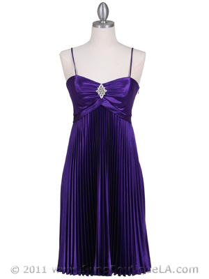 8491 Purple Pleated Cocktail Dress with Rhinestone Pin, Purple