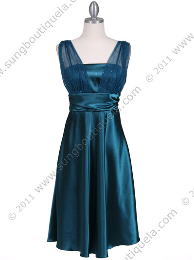 8493 Teal Glitter Tea Length Dress - Teal, Front View Medium