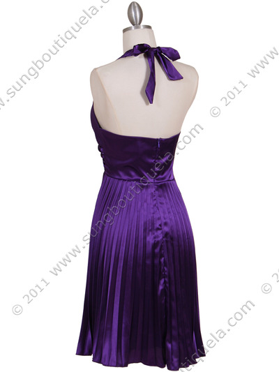 8543 Purple Halter Pleated Cocktail Dress - Purple, Back View Medium
