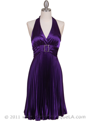 8543 Purple Halter Pleated Cocktail Dress, Purple