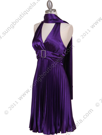 8543 Purple Halter Pleated Cocktail Dress - Purple, Alt View Medium