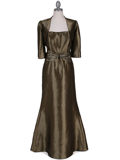 8551 Olive Taffeta Evening Dress with Bolero Jacket - Olive, Front View Medium