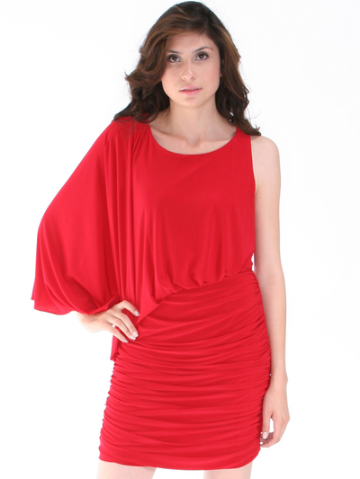 8711 One Sleeve Cocktail Dress - Red, Front View Medium