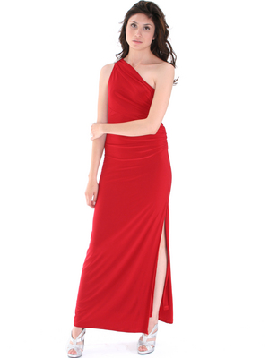 8714 One Shoulder Evening Dress with Sash, Red