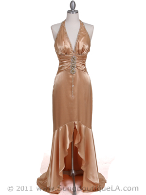 9005 Gold Halter Beaded Evening Gown, Gold