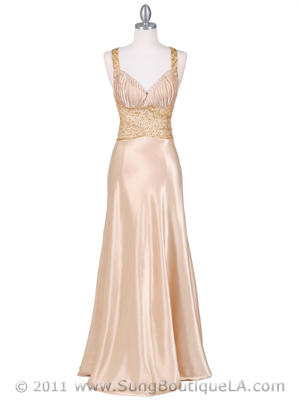 9010 Gold Beaded Evening Gown, Gold