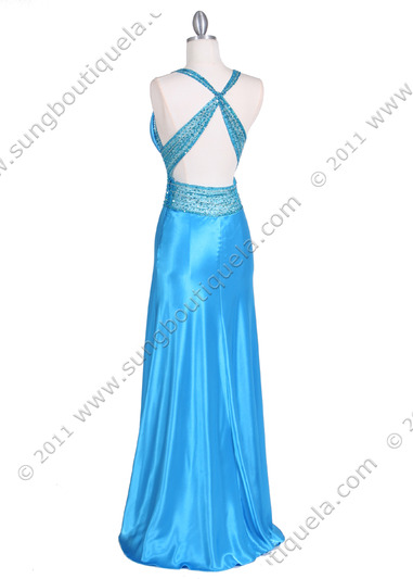 9010 Turquoise Beaded Evening Gown - Turquoise, Back View Medium