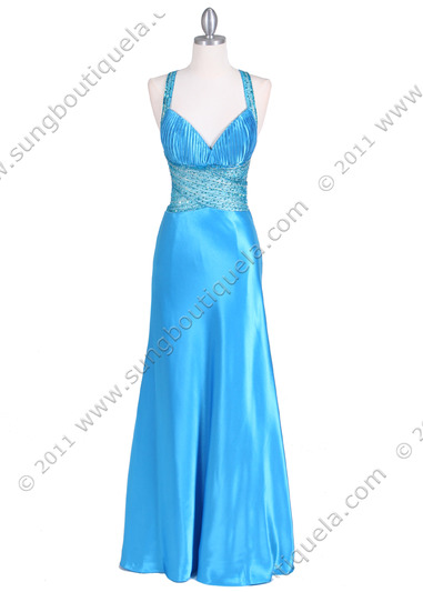 9010 Turquoise Beaded Evening Gown - Turquoise, Front View Medium