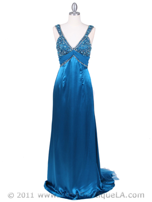9023 Teal Blue Beaded Evening Gown, Teal