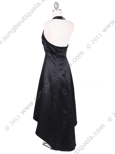 9051 Black Halter Hi-Low Satin Evening Dress - Black, Back View Medium