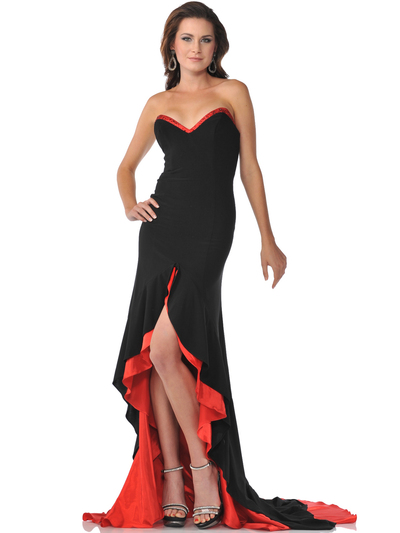 9193 Black Red Strapless Sweetheart Evening Dress with High Low Hem - Black Red, Front View Medium