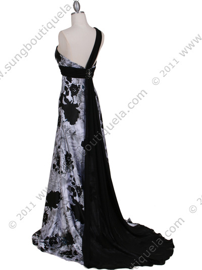 9319 Black and White Printed One Shoulder Evening Dress - Black White, Back View Medium