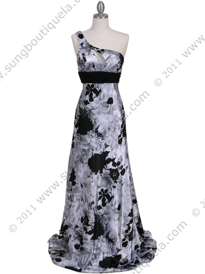 9319 Black and White Printed One Shoulder Evening Dress - Black White, Front View Medium