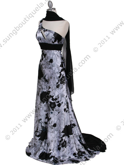 9319 Black and White Printed One Shoulder Evening Dress - Black White, Alt View Medium