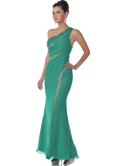 9508 Single Shoulder Evening Dress - Green, Front View Medium