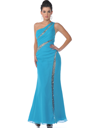 9508 Single Shoulder Evening Dress - Turquoise, Front View Medium