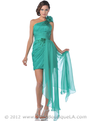 9509 One Shoulder Rosette Chiffon Cocktail Dress with Sash, Green