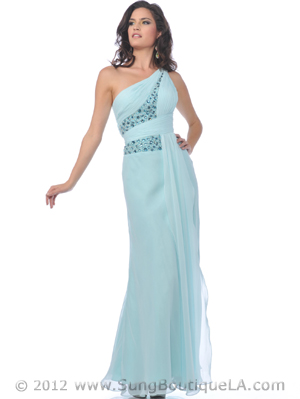 9512 Mint One Shoulder Chiffon Evening Dress with Sparkling Jewel Dec, Mint