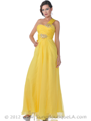 9515 Yellow One Shoulder Wide Strap Chiffon Evening Dress, Yellow