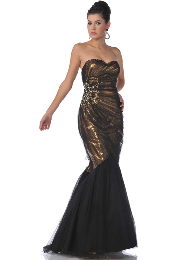 9522 Gold Black Strapless Lace Overlay Sequin Mermaid Evening Dress - Gold Black, Front View Medium