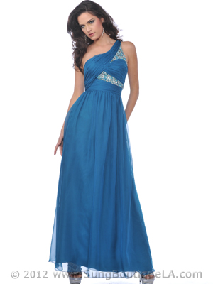 9523 Teal One Shoulder Chiffon Evening Dress with Sequin, Teal