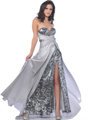 9534 Silver Strapless Charmeuse Overlay Sequin Evening Dress - Silver, Front View Thumbnail